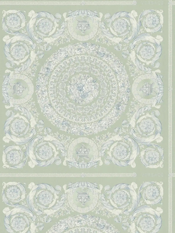 Zielona tapeta w stylu barokowym z roślinnym ornamentem 79134-3