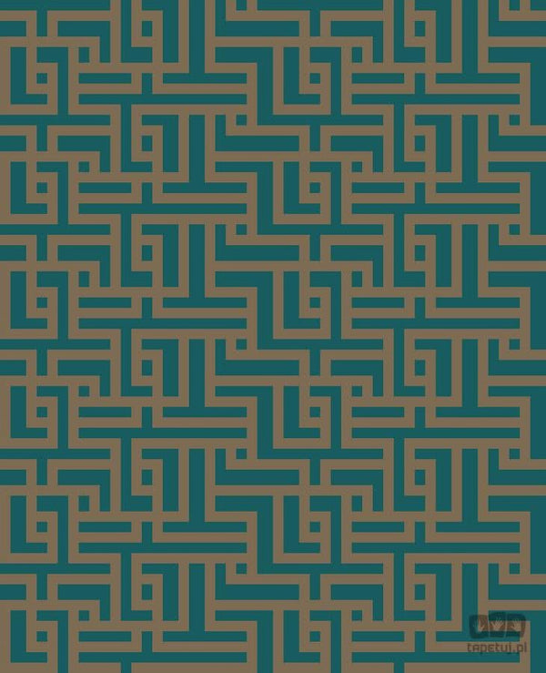 Tapeta na flizelinie w wzór geometryczny labirynt ciemny turkus i miedź 103516