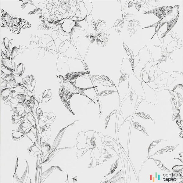 Ciemne stylizowane ptaki, motyle i cienkie kwiatowe obrysy na białym tle Flowers PDG721/01