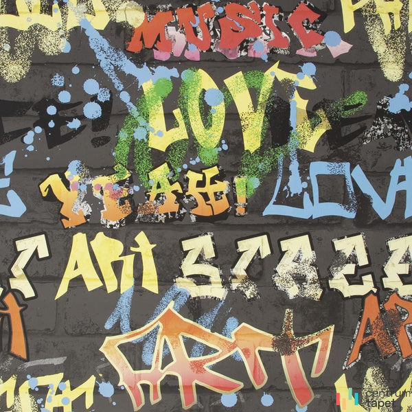 Tapeta Kids@Home 103032 – kolorowe napisy graffiti i niebieskie kleksy na ciemnym murze z cegieł