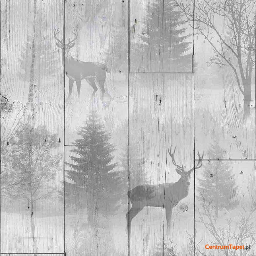 Szare jelenie i drzewa na rysunku pionowych desek Highland 104046