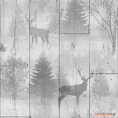 Szare jelenie i drzewa na rysunku pionowych desek Highland 104046