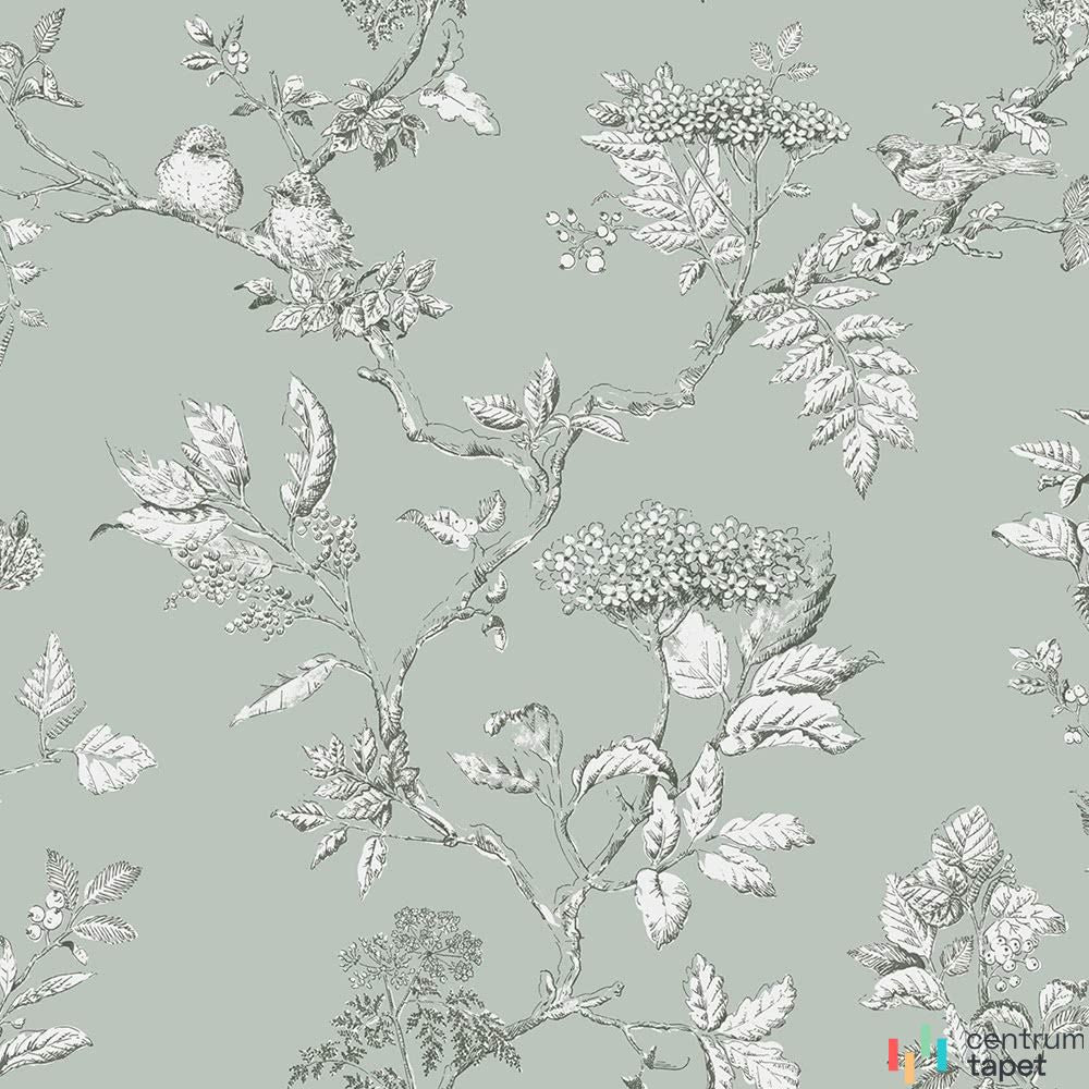 Laura Ashley 113345 – ptaki, kwiatowe baldachy i liściaste gałęzie na zielonym tle