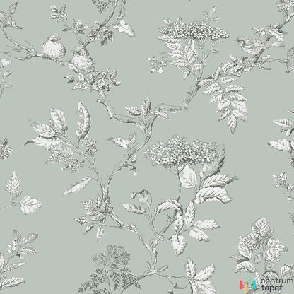 Laura Ashley 113345 – ptaki, kwiatowe baldachy i liściaste gałęzie na zielonym tle