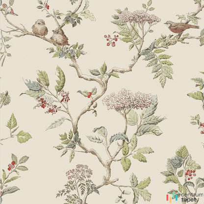 Laura Ashley 113346 – barwne ptaki, kwiaty i jagodowe skupiska na białym tle