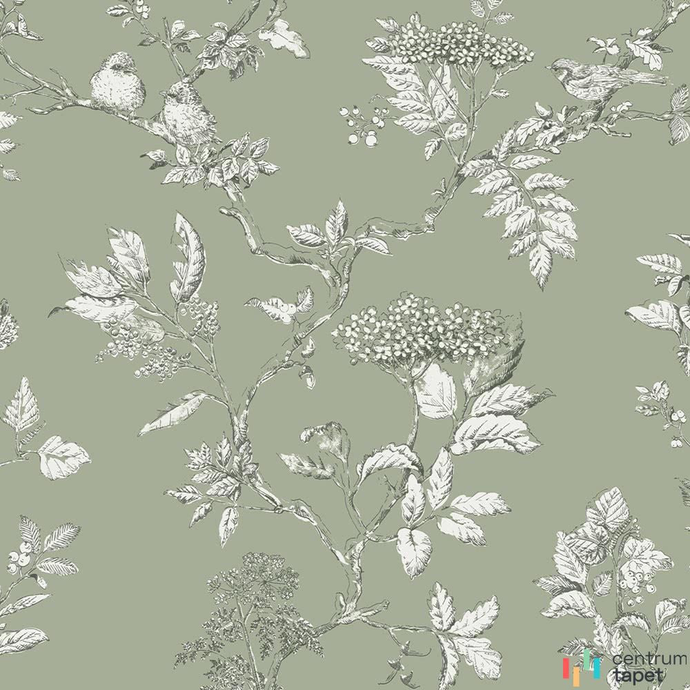 Laura Ashley 113348 – białoszare liście i ptaki na zielonym polu