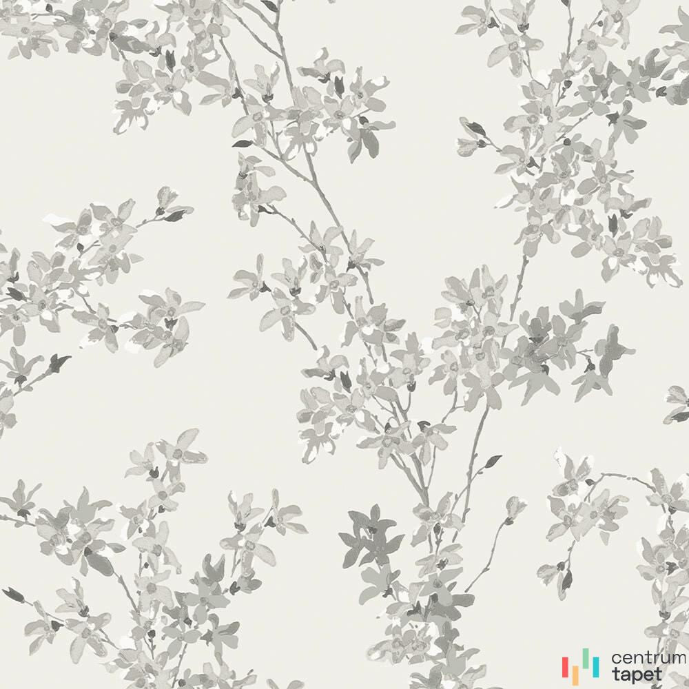 Laura Ashley 113349 – szare drobne kwiaty na cienkich gałęziach, złamana biel tła