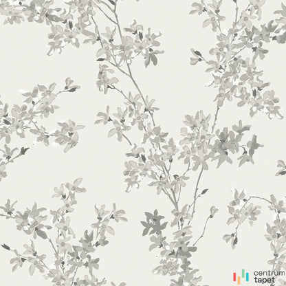 Laura Ashley 113349 – szare drobne kwiaty na cienkich gałęziach, złamana biel tła