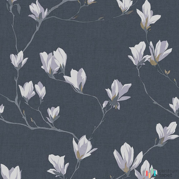 Laura Ashley 113355 – jasne kwiaty i pąki na smukłych gałęziach, granatowe tło