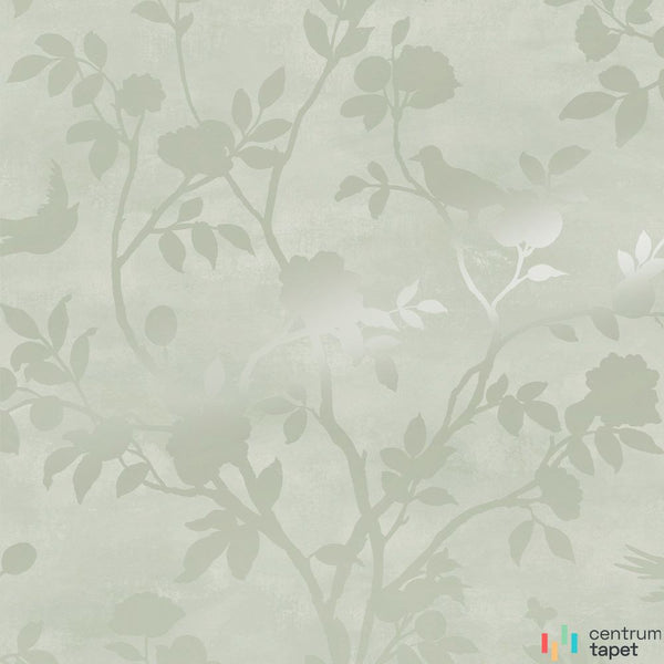Tonalne zielone sylwetki kwiatów, ptaków i gałęzi tapety Laura Ashley 113373