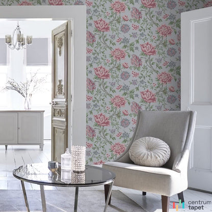 Laura Ashley 113408 wokół białego przejścia, szarego fotela i okrągłego stolika