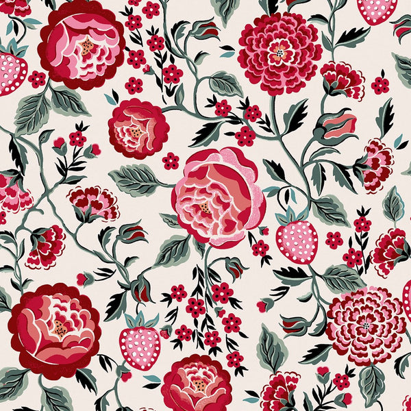 Duże różowe kwiaty i ciemniejsze zielonkawe liście na białym tle Cath Kidston 125497