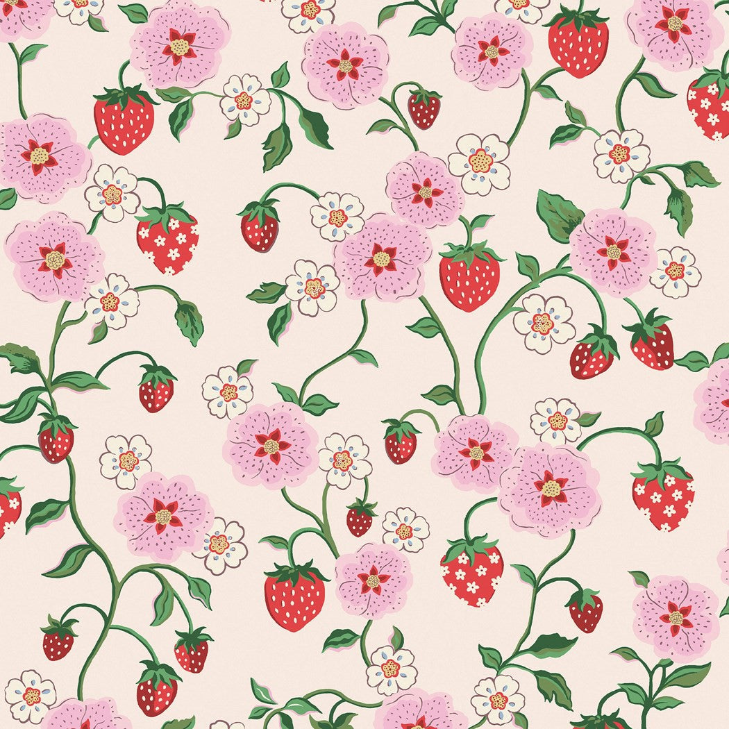 Różowe kwiaty czerwone truskawki i zielone pędy na kremowym tle Cath Kidston 125531