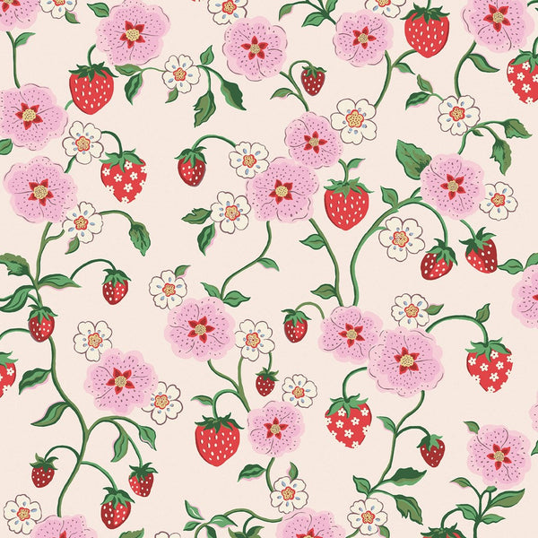 Różowe kwiaty czerwone truskawki i zielone pędy na kremowym tle Cath Kidston 125531