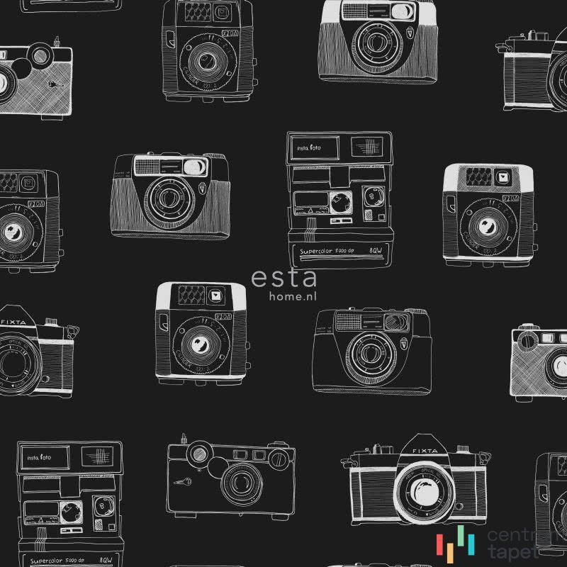 Jasne rysunki różnych aparatów fotograficznych na czerni tapety Fab 128824