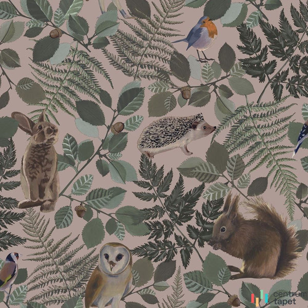 Zielone liście i leśne zwierzęta na różowej tapecie Forest Friends 139252
