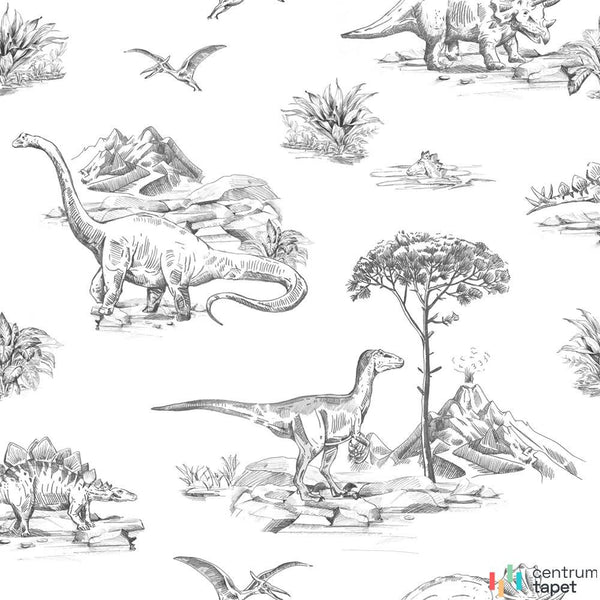 Szaro-czarne dinozaury na białej tapecie Forest Friends 139269
