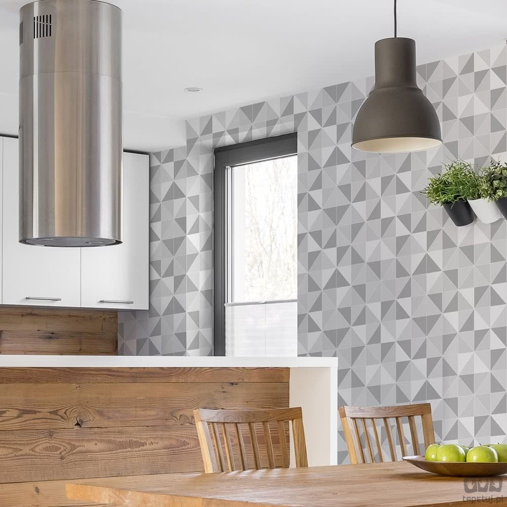 Biało-szara tapeta z geometrycznym motywem 3D 112646_outlet