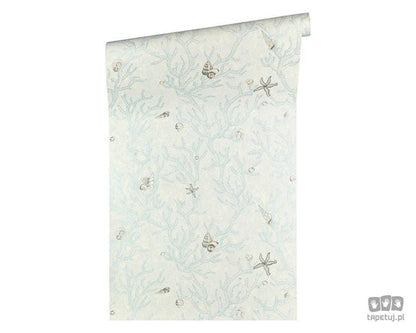 Tapeta z ornamentami z motywem morskim w odcieniu niebieskiego 34496-3