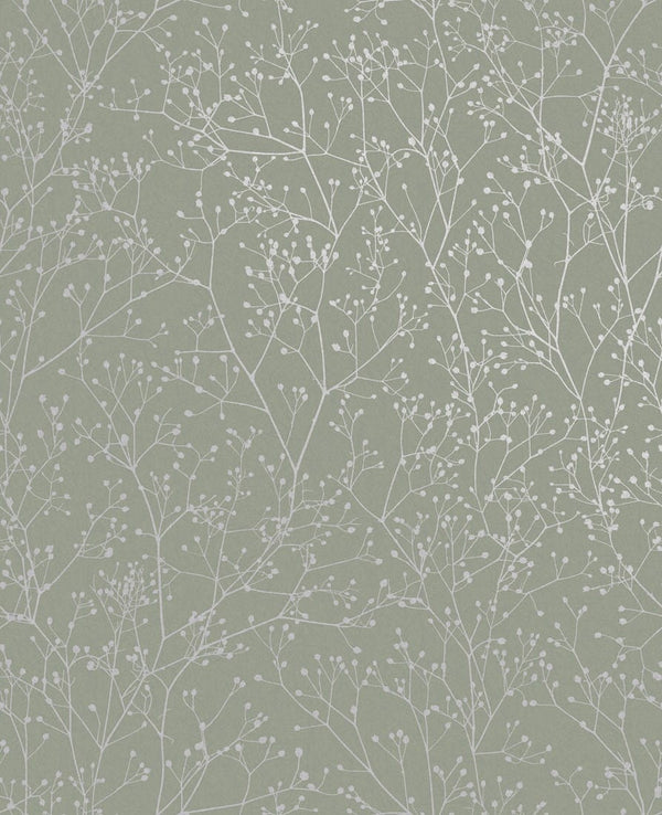 Zielona tapeta w srebrne gałązki z kwiatkami 120388