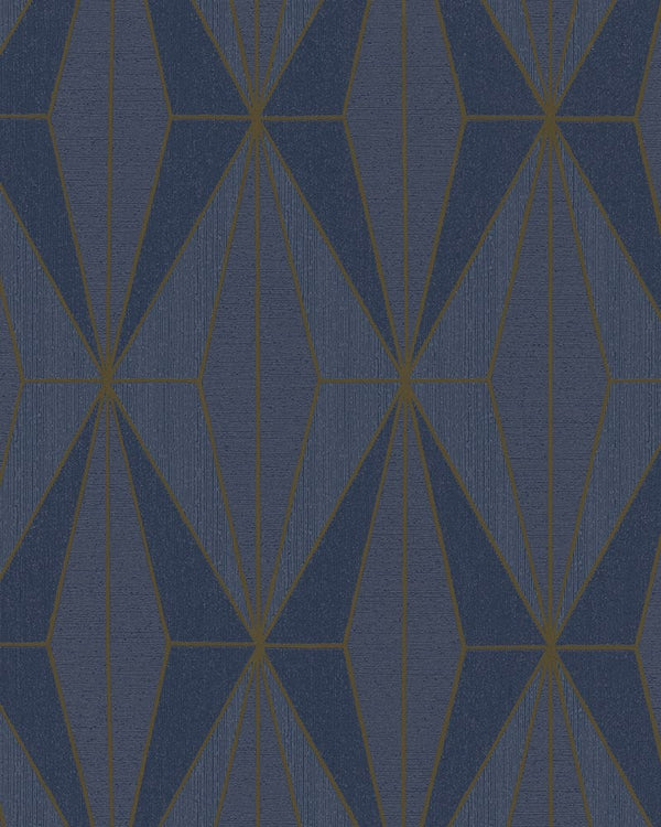 Niebieska tapeta ze złotym wzorem w stylu art deco 82176
