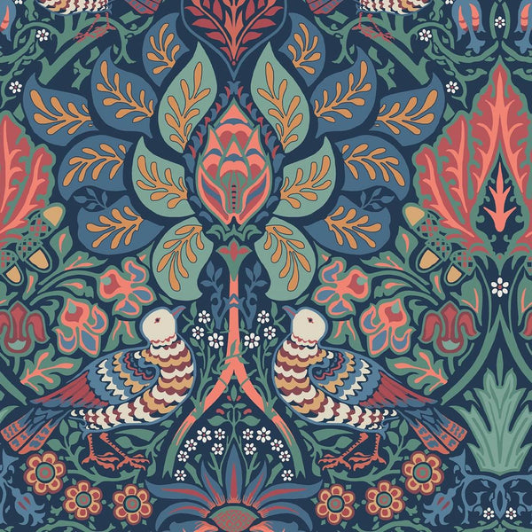 Niebieska tapeta w stylu vintage z motywem kwiatów i gołębi 140477
