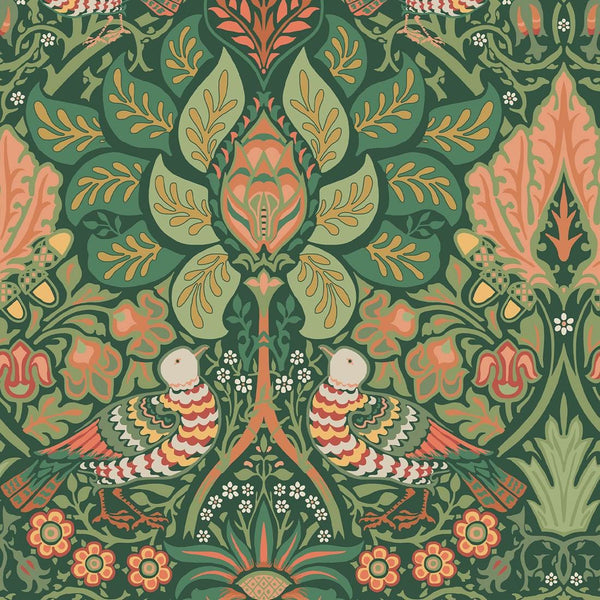 Zielona tapeta w stylu vintage z motywem kwiatów i gołębi 140480