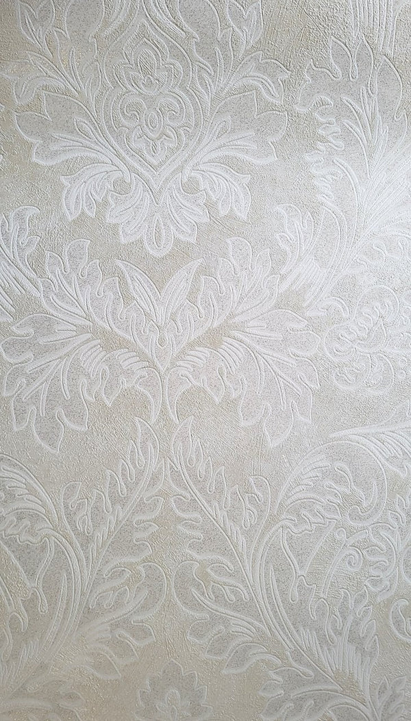 Beżowo-biała tapeta w ornamenty z brokatem 21006_outlet