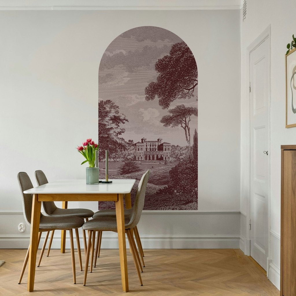 Fototapeta w kształcie łuku - Bordowy krajobraz drzewa i pałac TapetaLukCartagineBurgundy