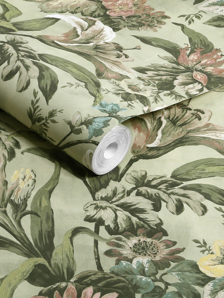 Zielona tapeta na flizelinie z motywem liści i kwiatów 143502