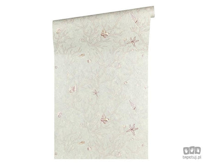 Tapeta z ornamentami z motywem morskim w odcieniu jasnej szarości i fioletu 34496-4