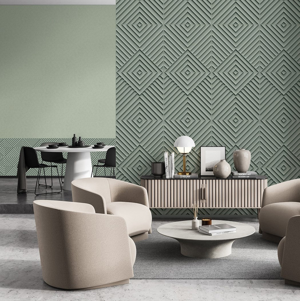 Duże pole zielonych rombów Shades Iconic 34485 przy jasnych fotelach
