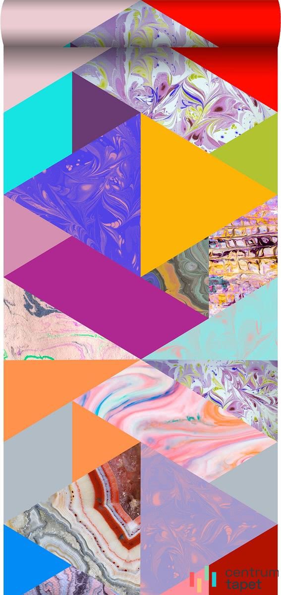 Rozwinięta rolka tapety 357202 z trójkątami w czerwieni, turkusie, fiolecie i oranżu