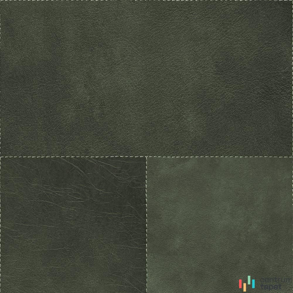 Wzór tapety Luxury Skins 357239 – oliwkowe płaty skóry połączone jasnym przeszyciem