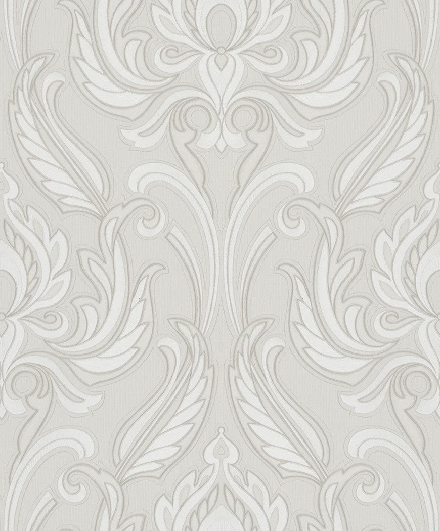 Tapeta 36103 Melange Marburg – jasny, biało-szary ornament z pierzastych liści i zawijasów, zbliżenie