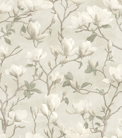 Jasna tapeta Eleganza 36402 z magnoliami w ecru, beżem, brązowymi gałązkami i zielenią