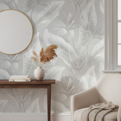 Szare liście przy okrągłym lustrze i jasnym fotelu Whisper 36463