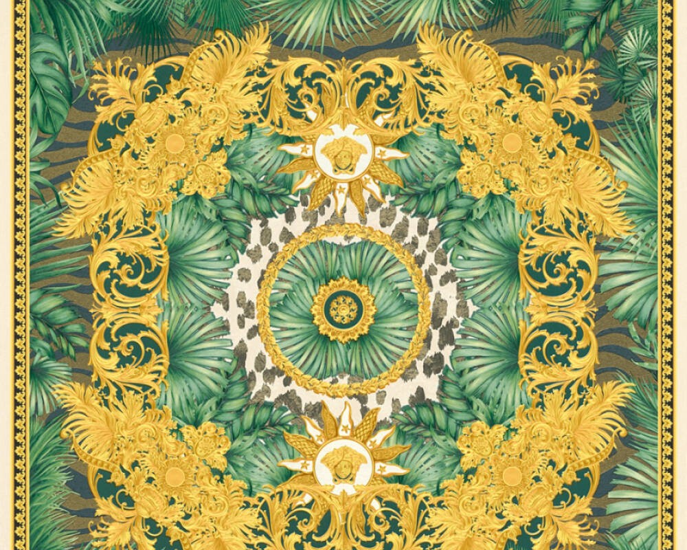Tapeta Versace 38703-4 – kwadratowe pole ze złotymi zawijasami, liśćmi palm i ciemnymi cętkami na tle ecru