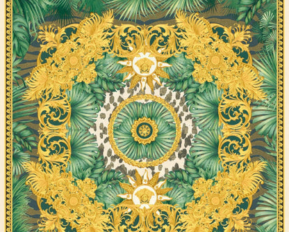 Tapeta Versace 38703-4 – kwadratowe pole ze złotymi zawijasami, liśćmi palm i ciemnymi cętkami na tle ecru