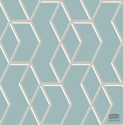 Miętowa tapeta w złoto-biały wzór geometryczny 104732