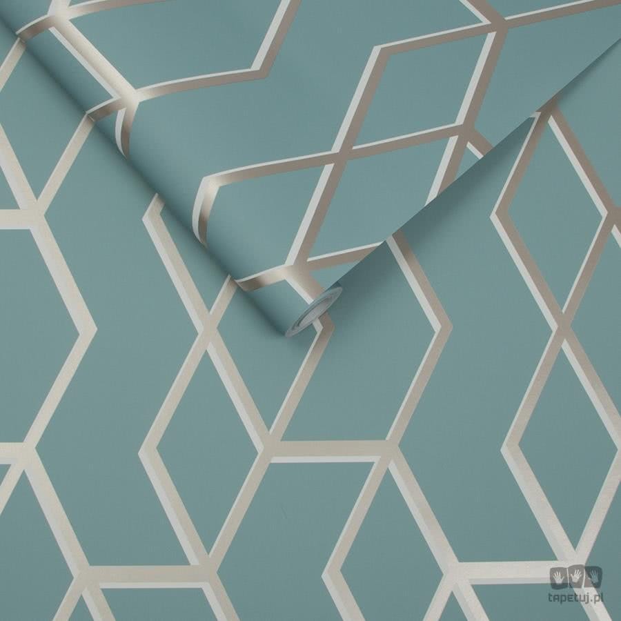 Miętowa tapeta w złoto-biały wzór geometryczny 104732