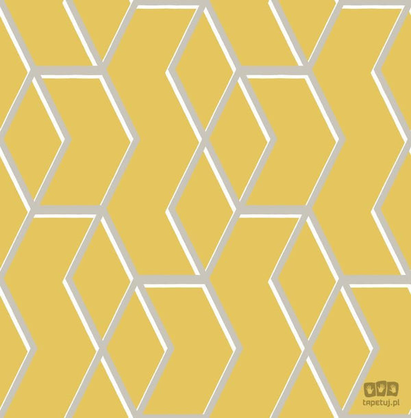 Żółta tapeta w srebrno-biały wzór geometryczny 104731