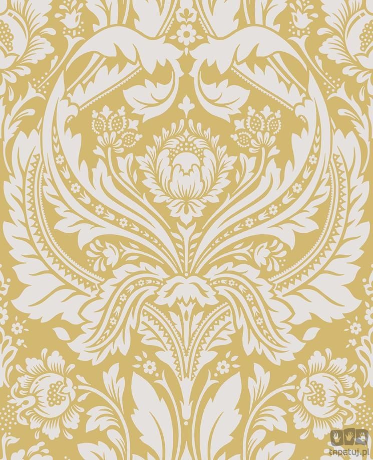 Żółta tapeta na flizelinie w srebrny ornament adamaszek 105902