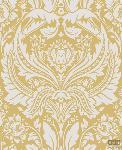 Żółta tapeta na flizelinie w srebrny ornament adamaszek 105902