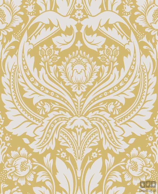Żółta tapeta na flizelinie w srebrny ornament adamaszek 105902
