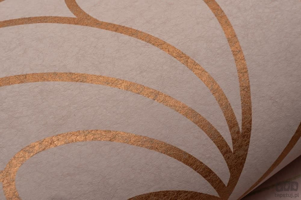 Różowa tapeta na flizelinie w złoty wzór art deco liście 105281