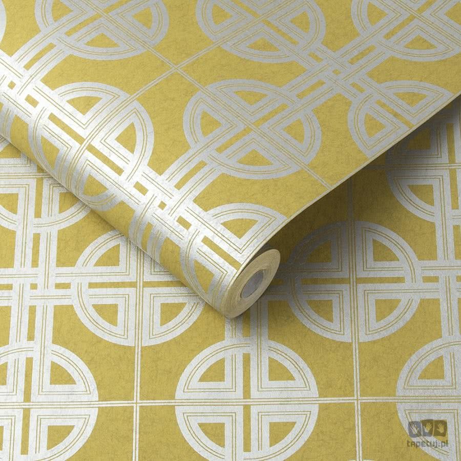 Żółta tapeta na flizelinie w srebrny wzór geometryczny orientalna 105781