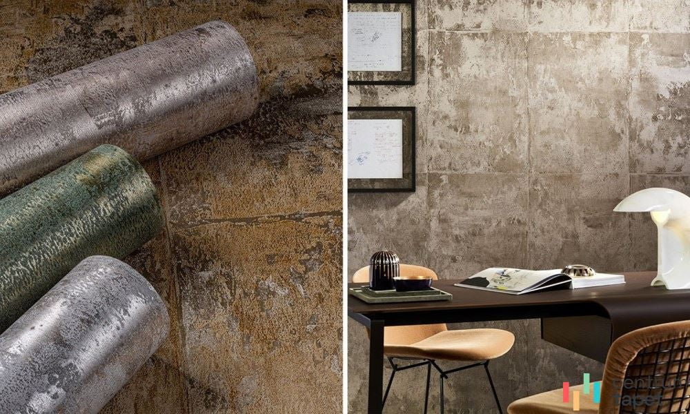Zwinięte warianty tapet Icons oraz fragment wnętrza z mineralnym deseniem