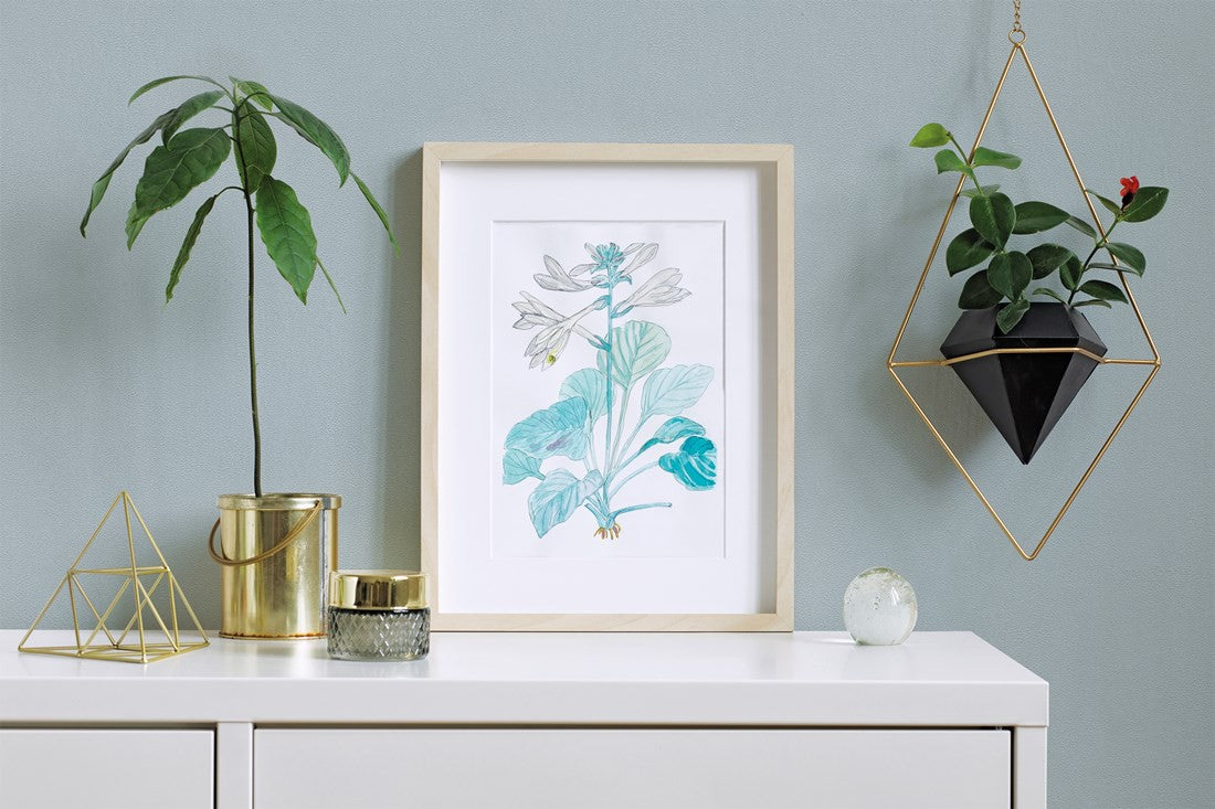 Pomalowana jasna ściana Patent Decor 9043 z komodą i dekoracyjnymi roślinami