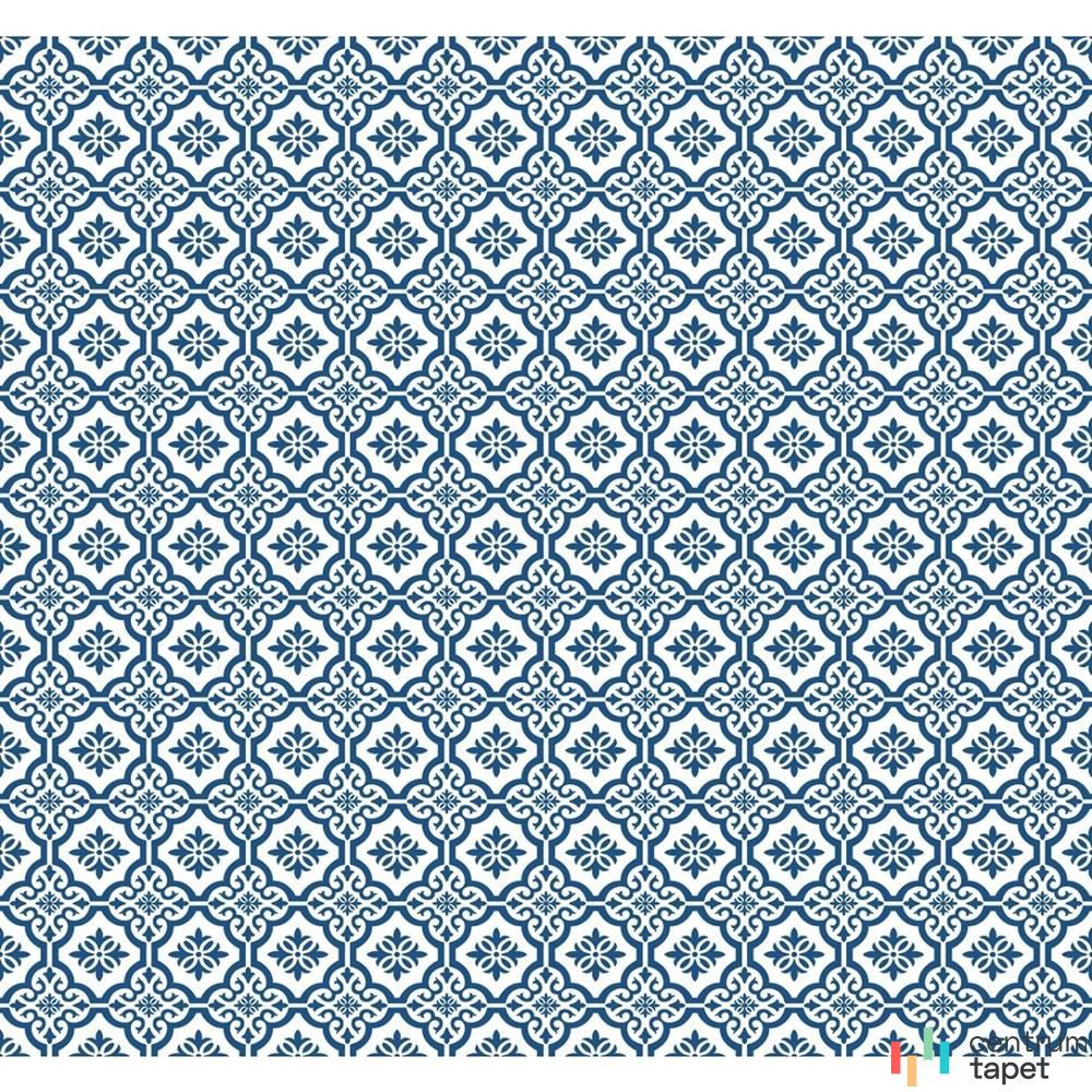 Gęsty granatowo-biały ornament z drobnymi rozetami w zamkniętych dekoracyjnych obrysach, tapeta MB31702